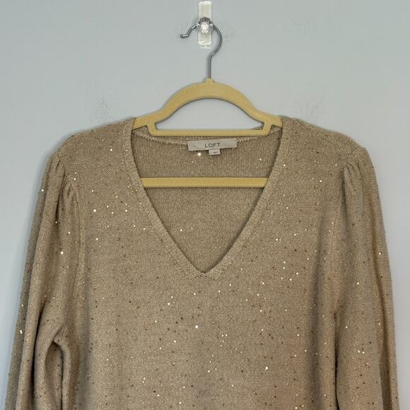 Loft Womens Gold Sequin Sweater Size Large V-Neck Holiday Party Sparkle Stretch - Picture 2 of 6